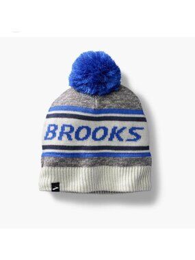 New! Brooks Knit Beanie Heritage Pom Hat Unisex Gray White